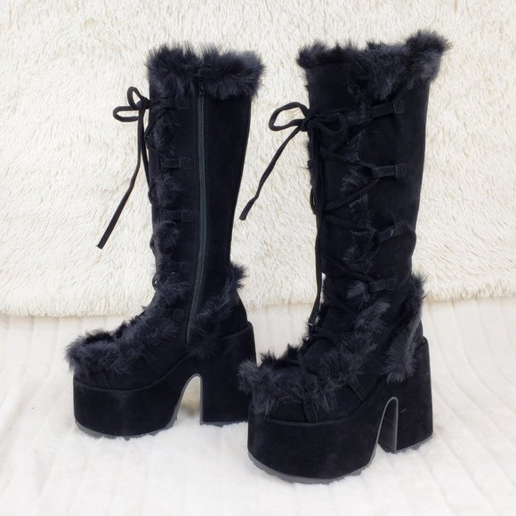 Camel 311 Black furry goth punk Platform Knee Boot - Picture 6 of 10